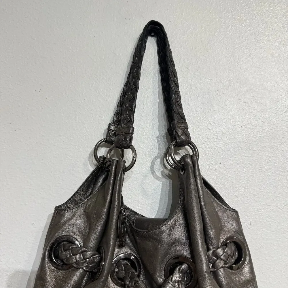 Michael Kors Metallic Silver Leather Drawstring Hobo Shoulder Bag Large